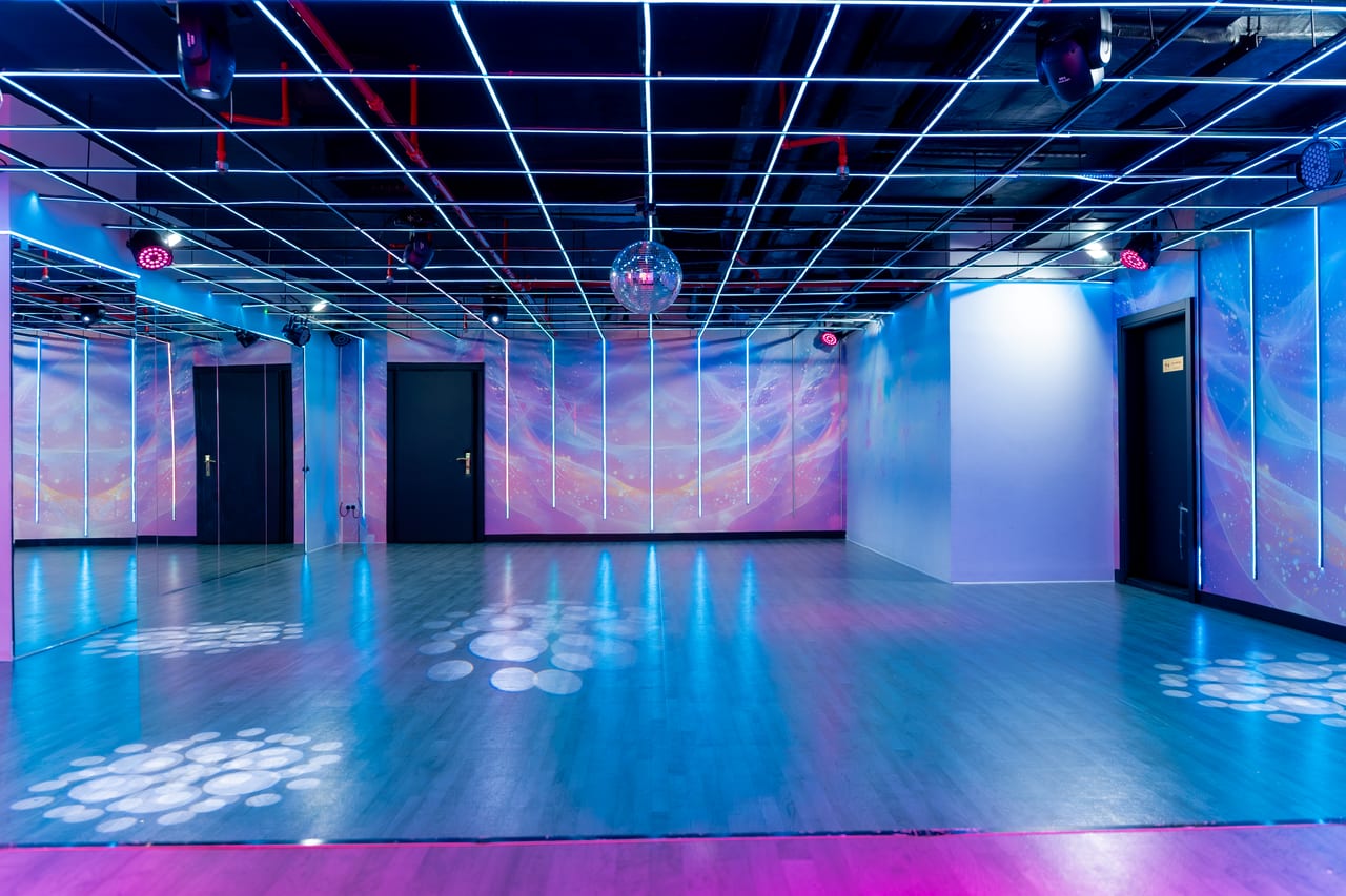 The real AVIBES venue with its current lilac wall finish and ceiling light grid
